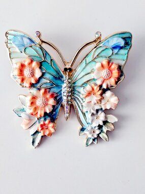 Vintage Style Floral Enamel Butterfly Brooch Pin with Rhinestones